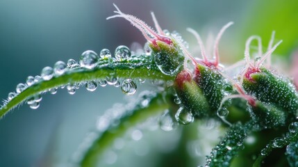 Macro shot of dew-covered plant buds in fog showcasing intricate details and soft light effects for nature and botanical themes.