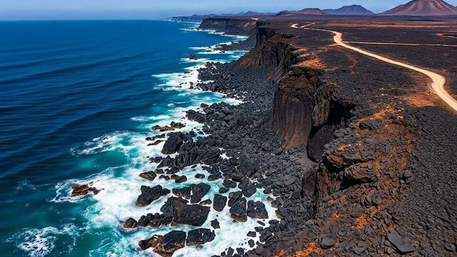 AI-generated of an aerial of the rugged shoreline near El Cotillo village on Fuerteventura, Spain