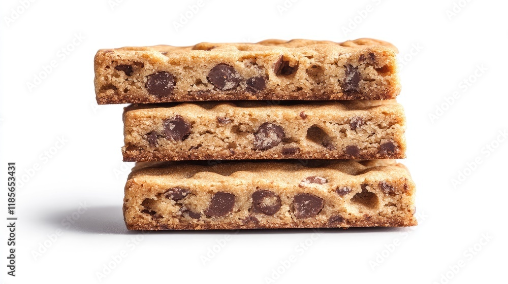 Poster stack of three rectangular sweet cookies with chocolate chips isolated on a clean white background s