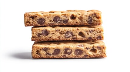 Stack of three rectangular sweet cookies with chocolate chips isolated on a clean white background showcasing their delicious texture and color.
