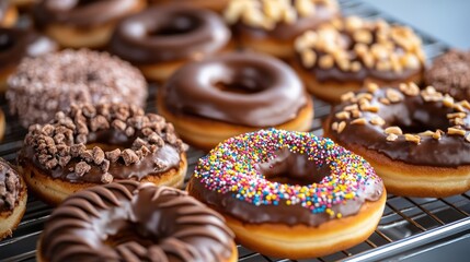 Deliciously Assorted Chocolate Donuts with Sprinkles and Nuts on Cooling Rack Baked Goods Sweet Treats Gourmet Desserts