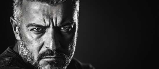 Intense male portrait in dramatic black and white, studio setting with high contrast lighting, strong facial expression highlighting emotions, ample negative space for text.