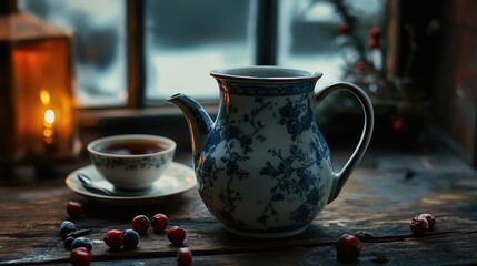 Fototapeta premium Tea pot and cup set on rustic wooden table with berries and warm lighting creating a cozy atmosphere for a relaxing beverage moment