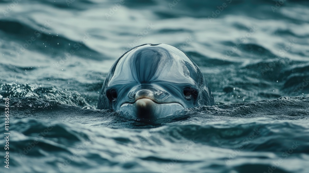 Aufkleber dolphin emerging from water surface with playful expression against a serene ocean backdrop