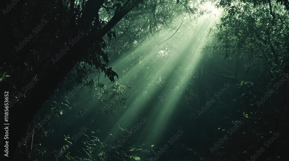 Poster mystical forest with sunlight streaming through thick fog creating an enchanting atmosphere in natur
