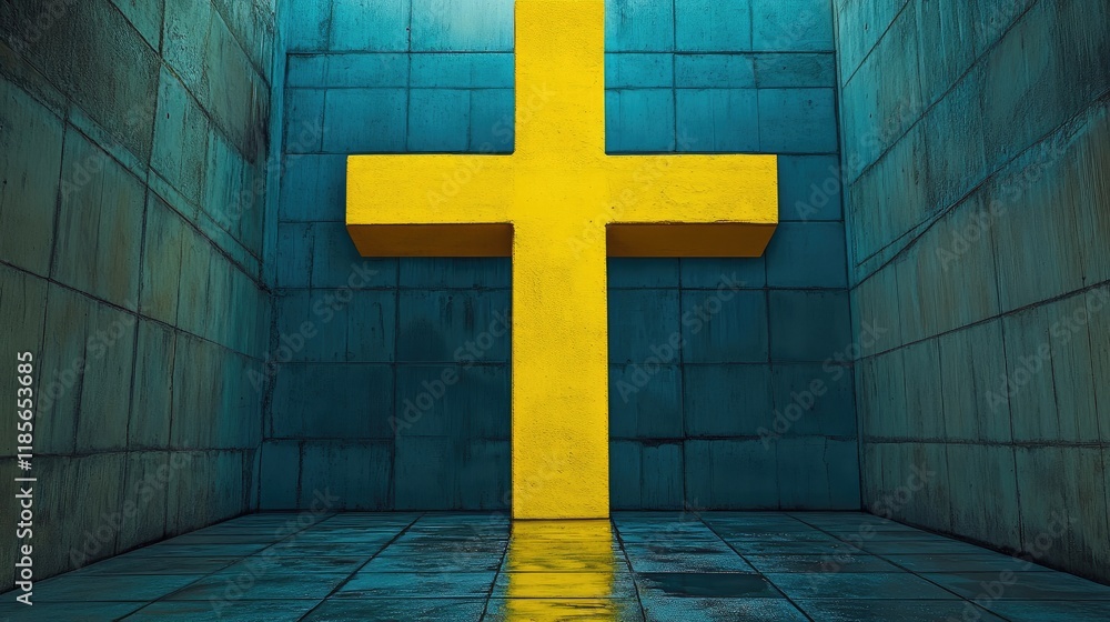 Aufkleber modern abstract interpretation of a large yellow cross in a minimalist concrete space with reflectio