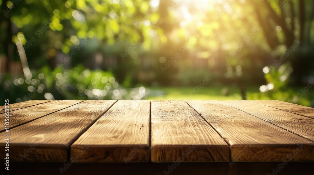 Aufkleber wooden tabletop in sunlight with blurred greenery and bokeh background ideal for presentations and p