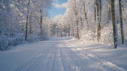 Obraz premium Snow-covered cross country skiing trail through a serene winter landscape with towering trees blanketed in fresh snow