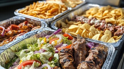 Delicious doner kebabs with fresh salad served in pitta bread alongside crispy chips and assorted munchy boxes for sharing.