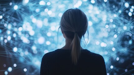 Caucasian woman viewing colorful animated digital data stream with networking visualization, softly blurred blue and white bokeh lights in background.