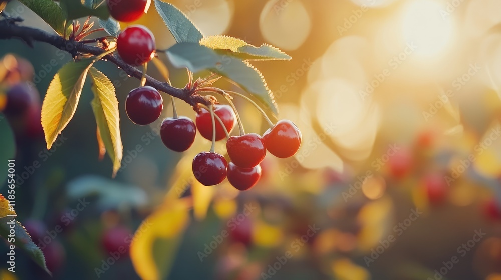 Poster ripe red cherries on tree branches illuminated by soft sunlight in a tranquil garden setting with se