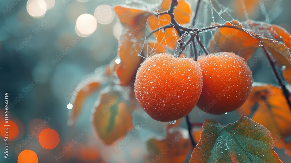 Poster ripe persimmons adorned with dew and autumn leaves in a dreamy bokeh setting with delicate spiderweb