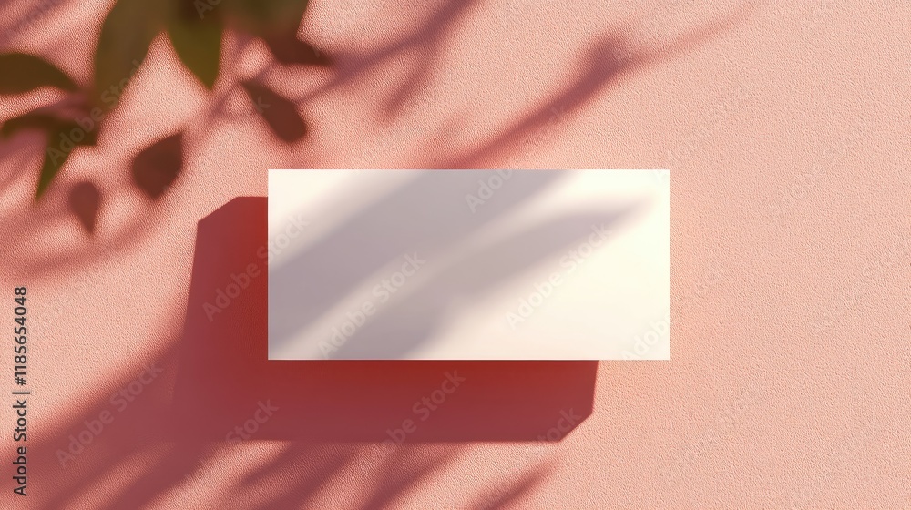 Poster minimalistic rectangular tissue placard casting soft shadows on a smooth pastel background with foli