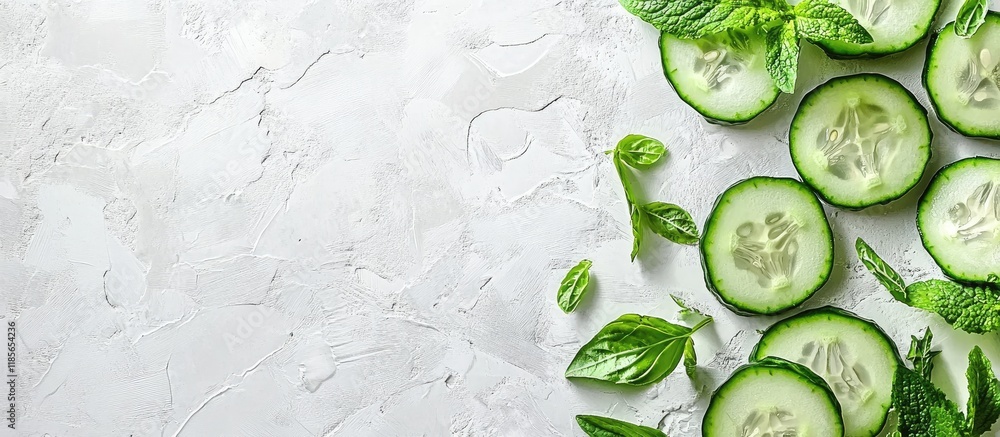 Poster crisp cucumber slices and fresh basil leaves on textured background with ample space for text and cr
