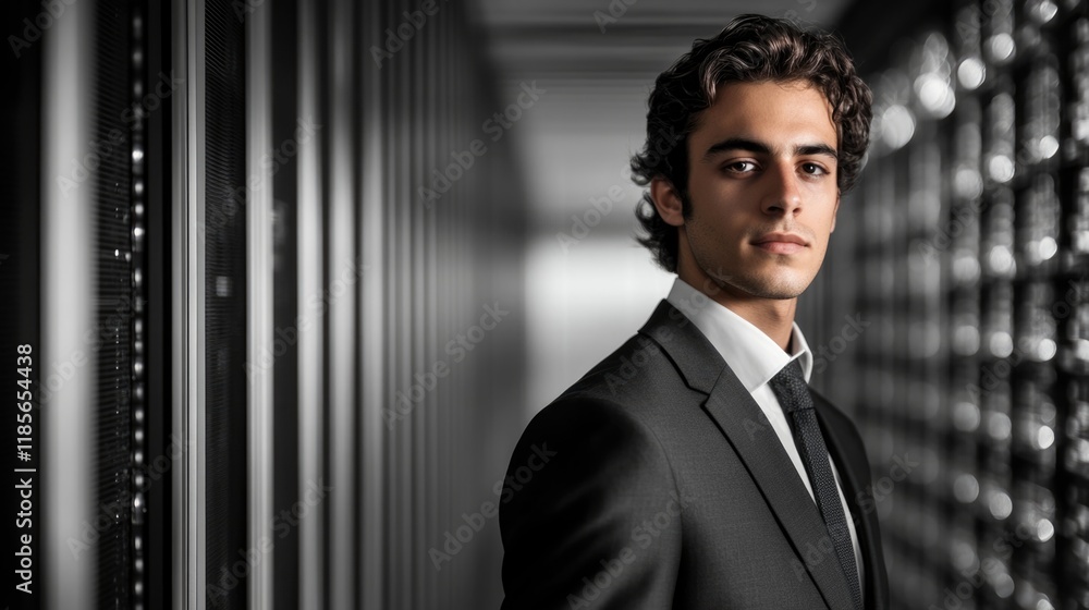 Poster young professional engineer in formal attire standing confidently in a modern data center server roo