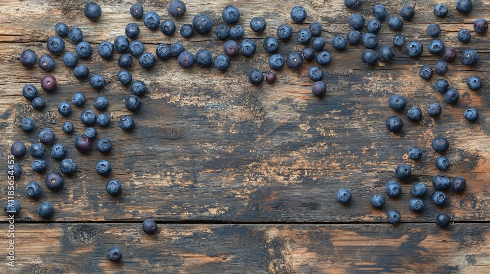 Poster ripe blueberries scattered on rustic wooden background creating a natural frame with ample space for