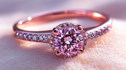 Elegant rose gold wedding ring with a pink gemstone and diamond accents, symbolizing love and commitment in a romantic setting.