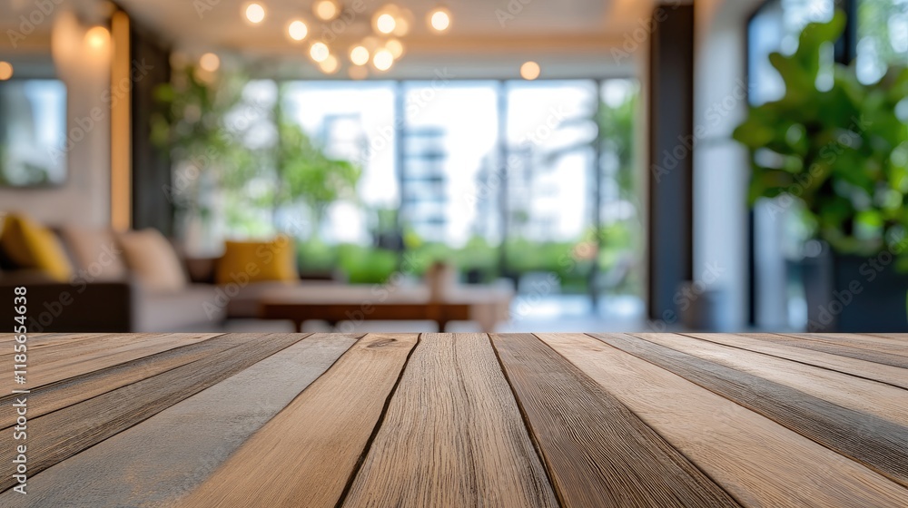 Poster rustic wooden table with softly blurred living room and greenery in background ideal for displaying 
