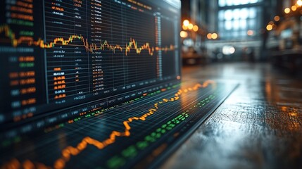 Obraz premium A close-up view of a financial trading screen displaying stock market data and trends.