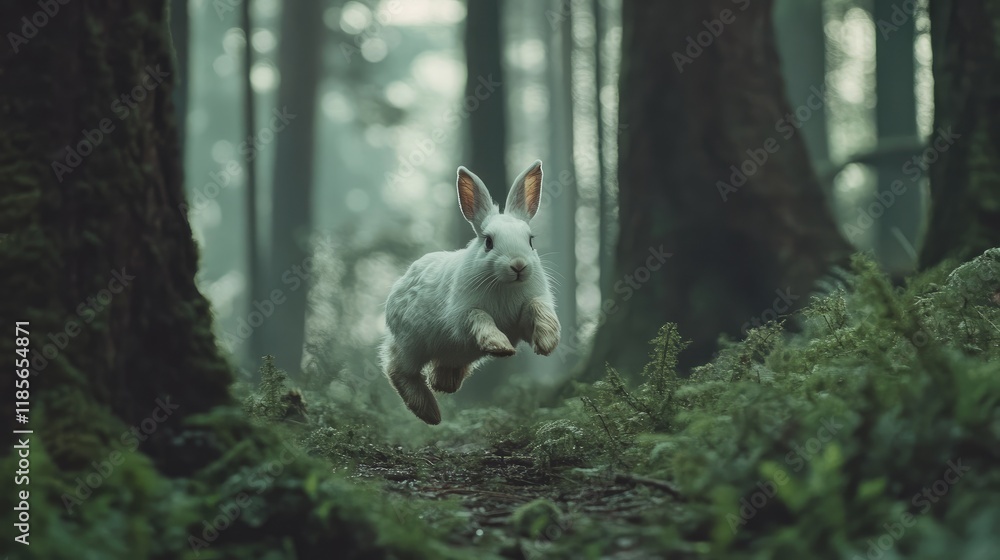 Poster white rabbit leaping through a lush green forest surrounded by tall trees and soft moss creating a s