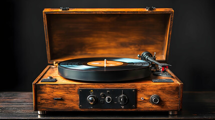 Vintage record player playing vinyl on dark wood table, dark background, nostalgic music listening.