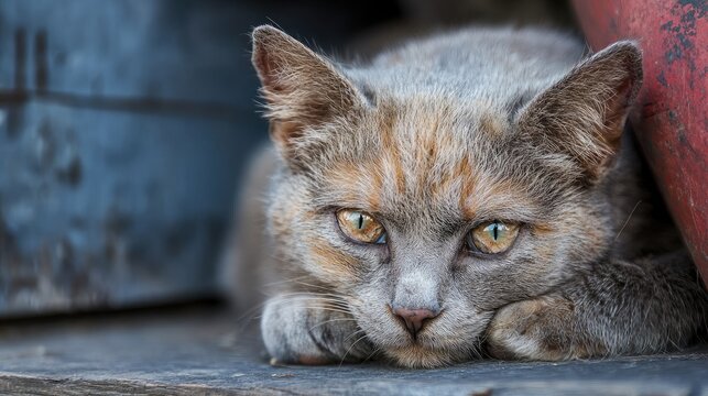 Close up portrait of a distressed stray cat resting on a city street showcasing the reality of urban animal populations