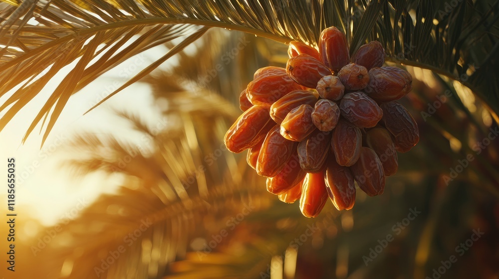 Poster ripe dates clustered on a palm tree branch with sunlight highlighting lush fronds in a tropical sett