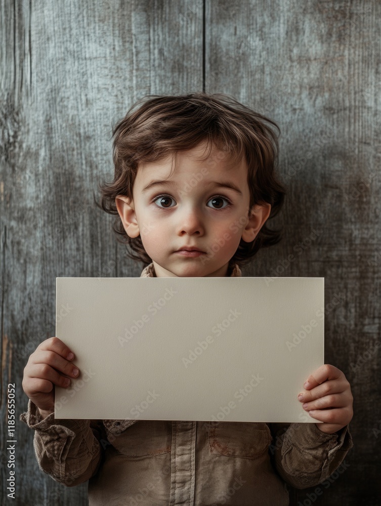 Poster portrait of a thoughtful boy holding an empty card for text against a rustic wooden background with 