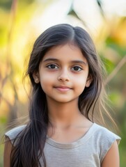 Fototapeta premium cute girl with long dark hair smiling in a natural setting with blurred greenery background and ample copyspace for text use