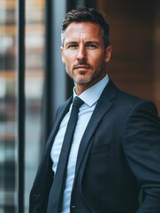 Fototapeta premium Confident middle-aged businessman in suit against modern office backdrop with large empty copyspace for text, featuring natural lighting and urban aesthetic.