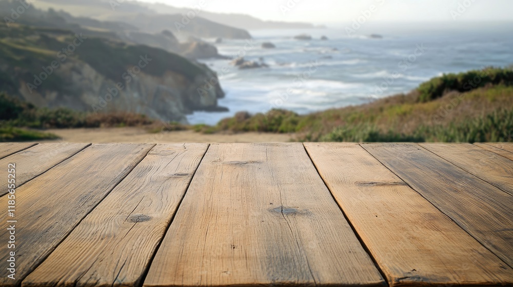 Poster scenic ocean view from empty wooden table with coastal landscape and blurred background