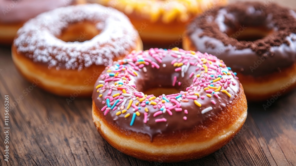 Poster assorted colorful donuts with sprinkles displayed on a rustic wooden table background.