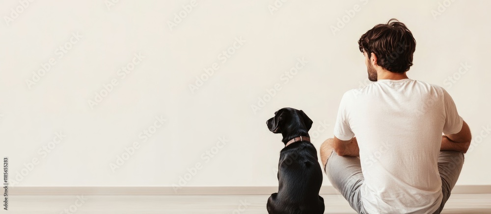 Poster man sitting on a light background with a black dog beside him, creating ample empty space for text, 