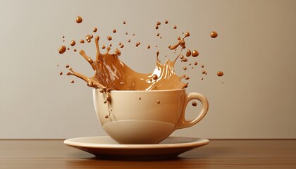Splash of coffee in a ceramic cup on a wooden surface dynamic and artistic concept