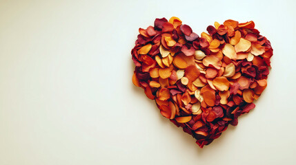 Heart shape of colorful petals for valentine's day romantic decoration. Red heart on a white background. Horizontal banner. Copy space