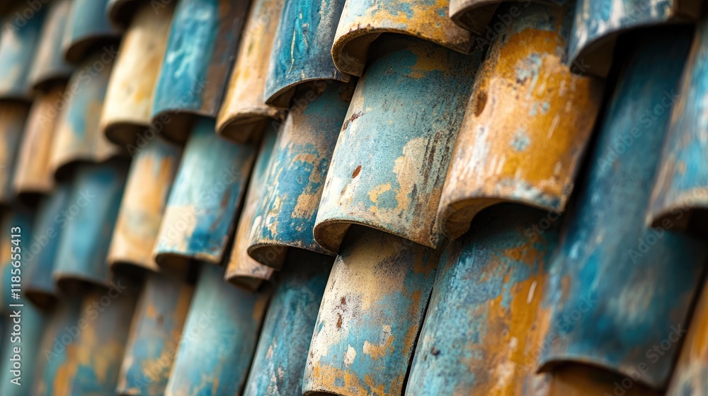 Poster textured close-up of colorful weathered tiles in vertical rows showcasing unique patterns and aged c