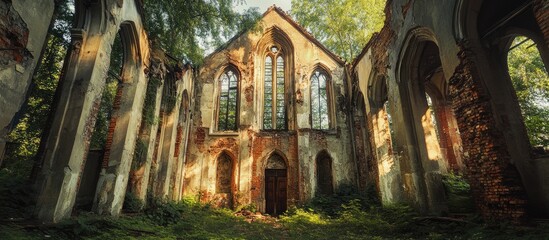 Fototapeta premium Ancient church ruins reflecting historical conflicts and vandalism surrounded by nature's reclaiming beauty and poignant atmosphere