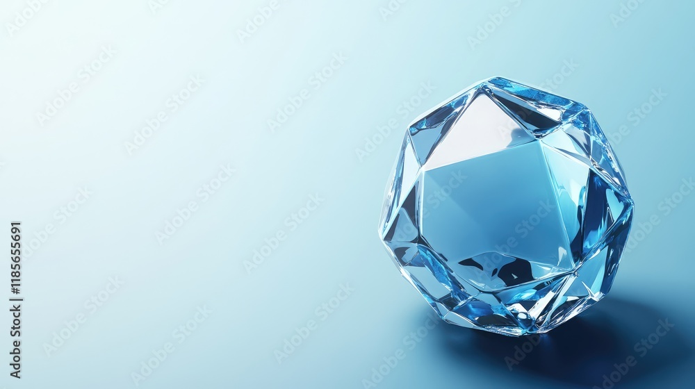 Poster rhombicuboctahedron with blue crystal texture and high-quality shader on soft blue background