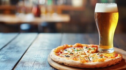 Friends enjoying pizza and beer at a rustic wooden table in a cozy restaurant with warm lighting and empty space for text enhancement