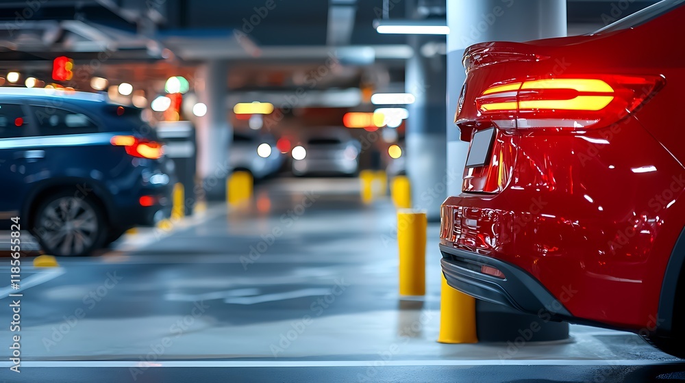 Poster sleek and efficient automated parking garage with digital ticketing system in bustling urban landsca