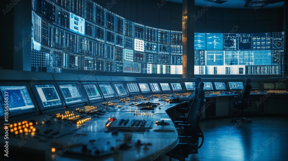 Aufkleber control room operations high-tech facility digital dashboard modern environment wide-angle view tech