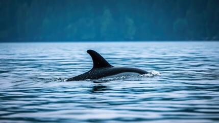 Naklejka premium Dolphin fin emerging from calm ocean waters natural marine wildlife scene