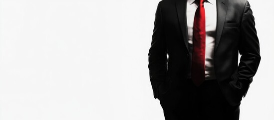 Professional man in black suit with hands in pockets and red tie on white background with extensive empty space for text and branding, high key lighting.