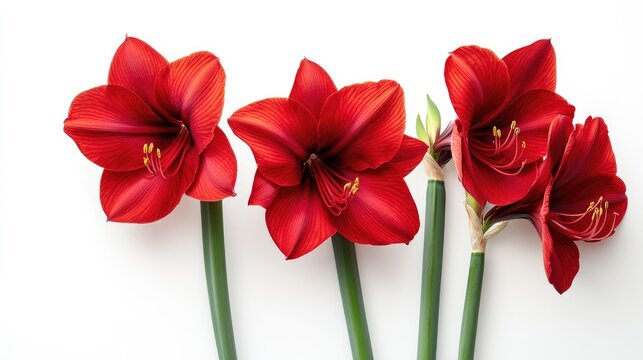Vibrant red amaryllis flowers elegantly displayed against a clean white background for stunning floral design and decoration ideas.