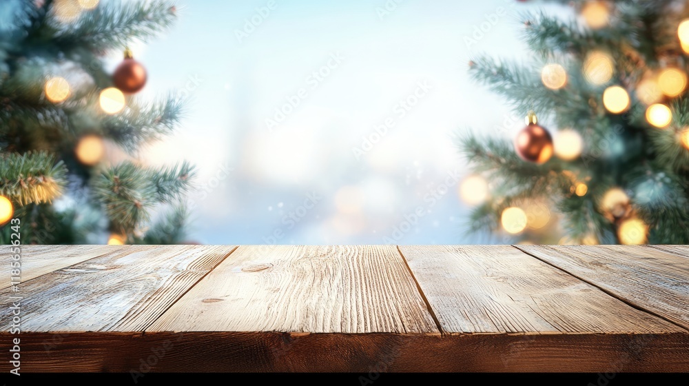 Poster wooden table adorned with bokeh christmas lights creating a festive atmosphere in a winter setting. 