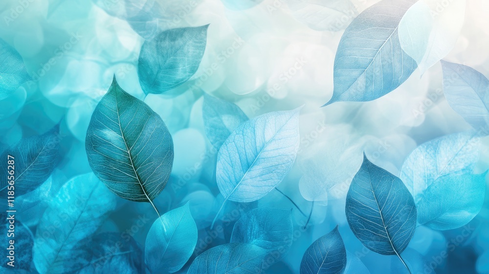 Poster aqua infused leaves floating gracefully in a serene background creating a calming and tranquil atmos