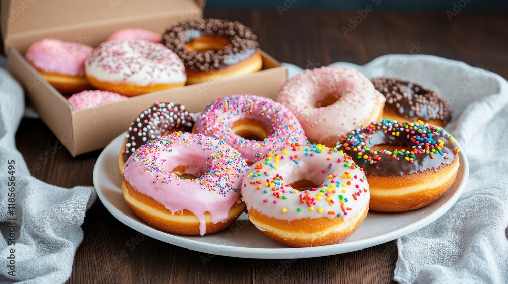 Poster assorted colorful donuts on plate with a box full of donuts arranged on a wooden table with soft nap