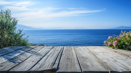Obraz premium Serene coastal view from scenic deck mediterranean sea landscape photography tranquil environment wide angle