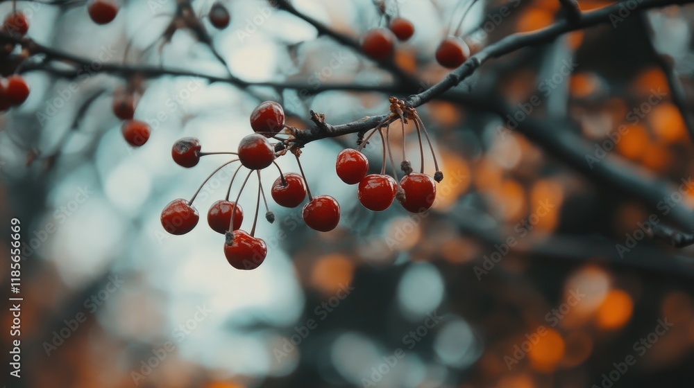 Poster ripe cherries hanging from tree branches in autumn light with a soft blurred background