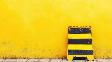 Bright yellow wall with caution barrier in foreground creating large empty space for text layout in urban environment, horizontal perspective, high contrast colors.